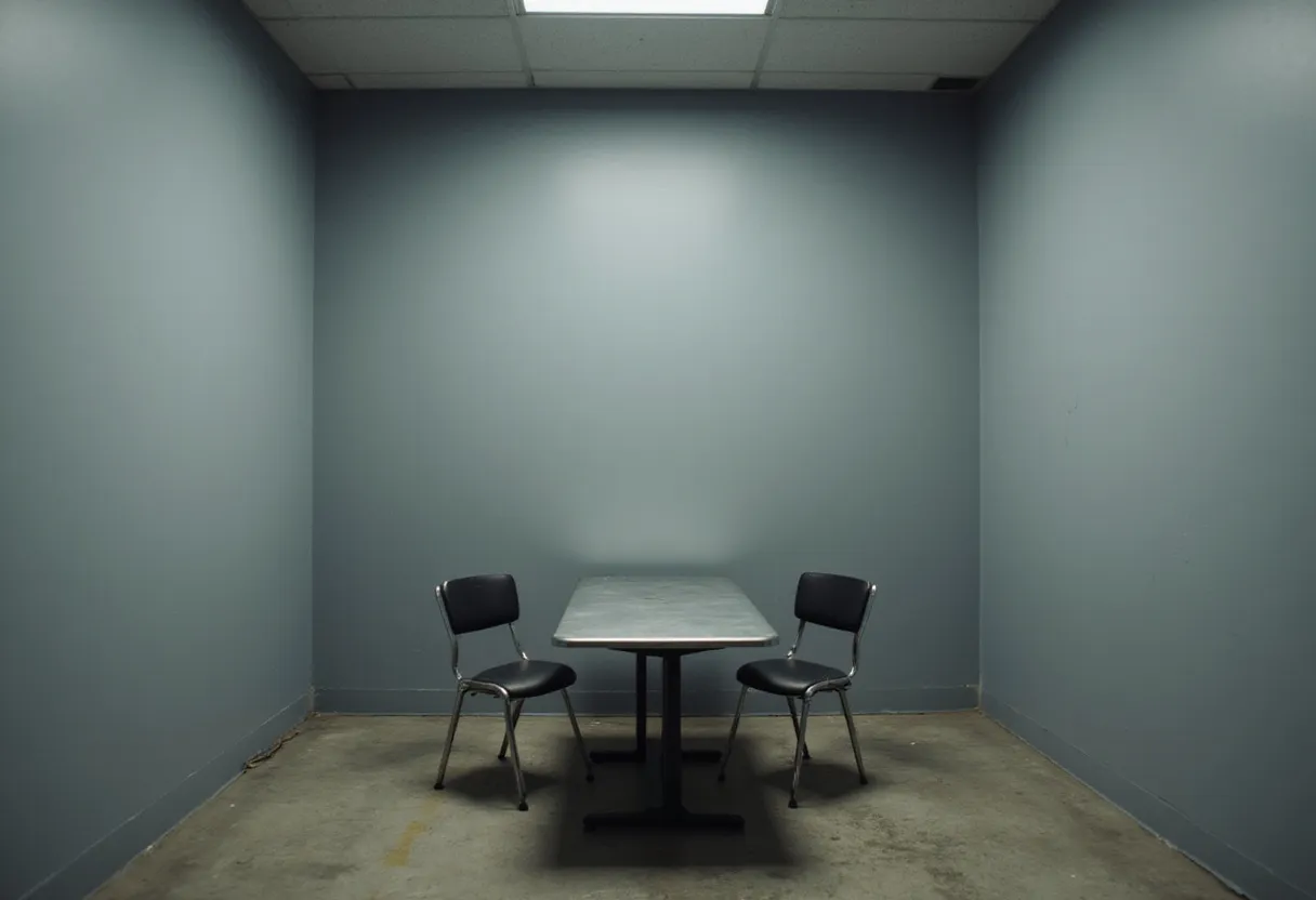 Florida drug offense defense attorney — an empty police interrogation room with a table and two chairs