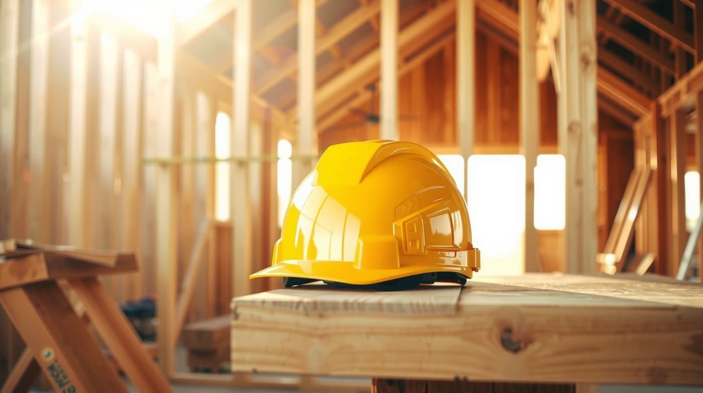 Construction site with workers and building materials