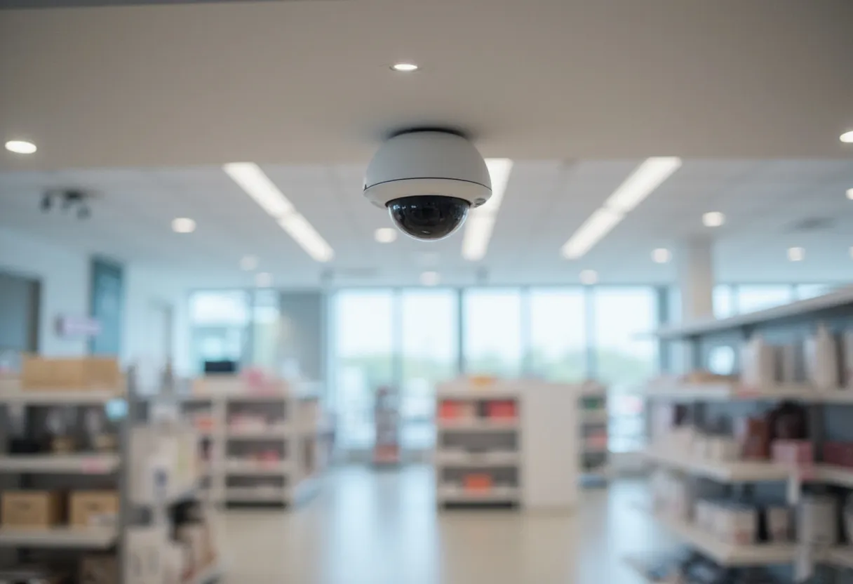 Florida theft and shoplifting defense attorney — security camera overlooking a retail store aisle, representing retail theft surveillance
